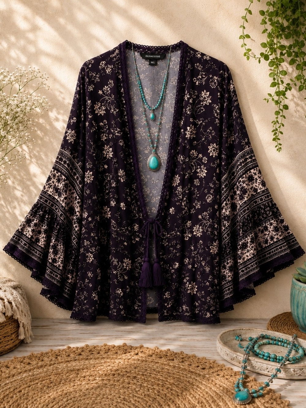 Olivaceous Boho Floral Kimono Rayon Bell Sleeve M/L